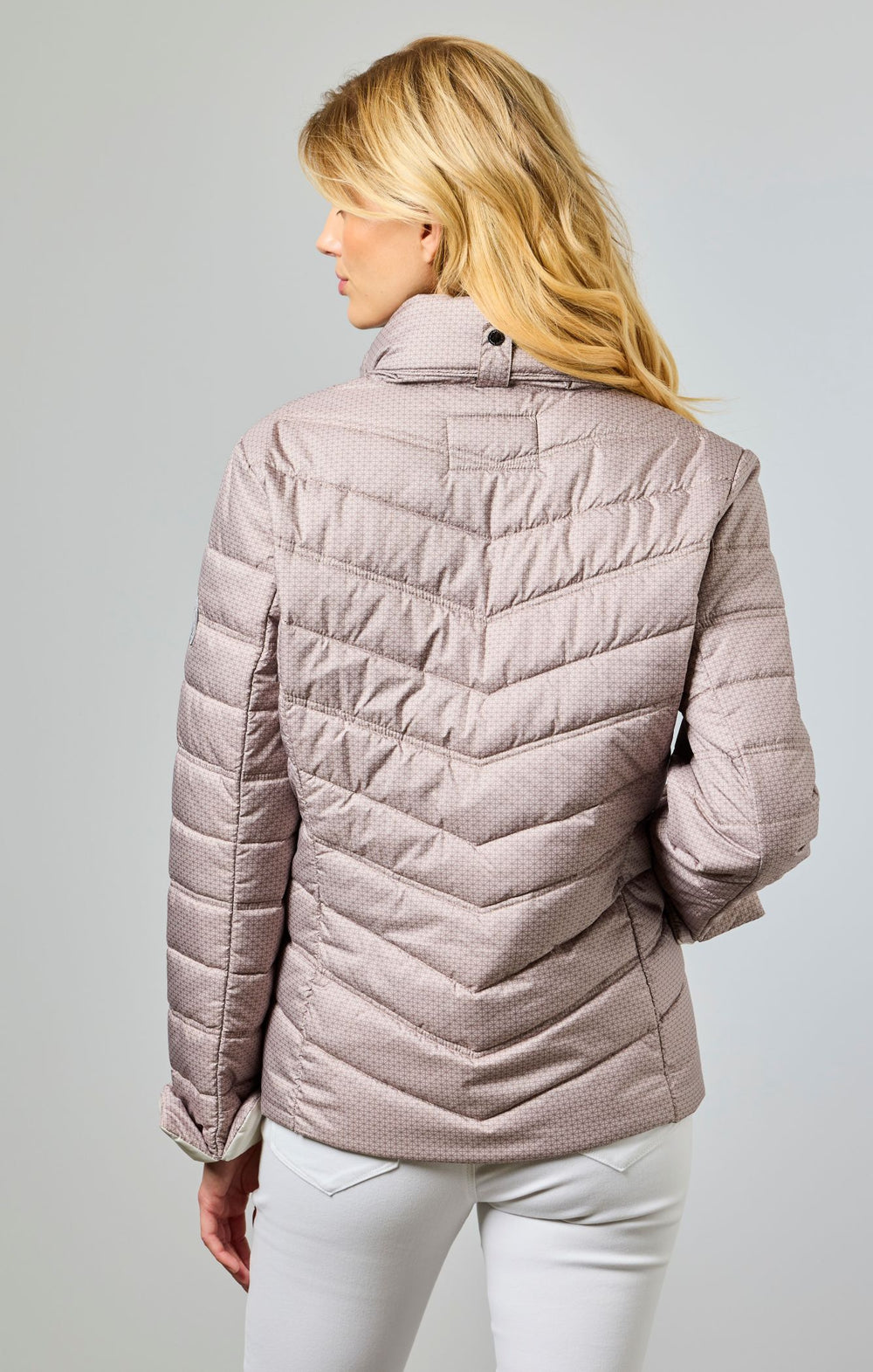 Junge Quilted Elizabeth print Puffer with drawstring collar in Blush