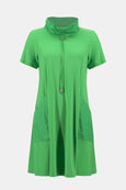 Joseph Ribkoff Jersey Dress with Taffeta Cowl Neck & Pocket Detail in Island Green