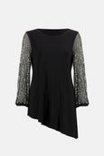 Joseph Ribkoff Mesh and Bead detail Sleeve Jersey Top in Black