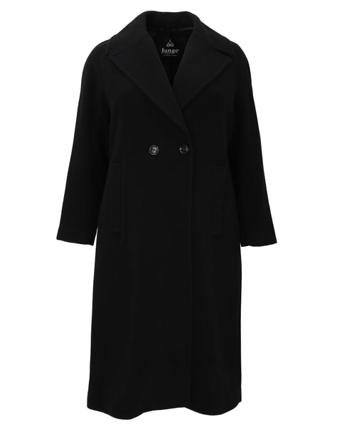 Junge Wool Blend Reefer Coat with Notch Collar and Raglan Sleeve in Black