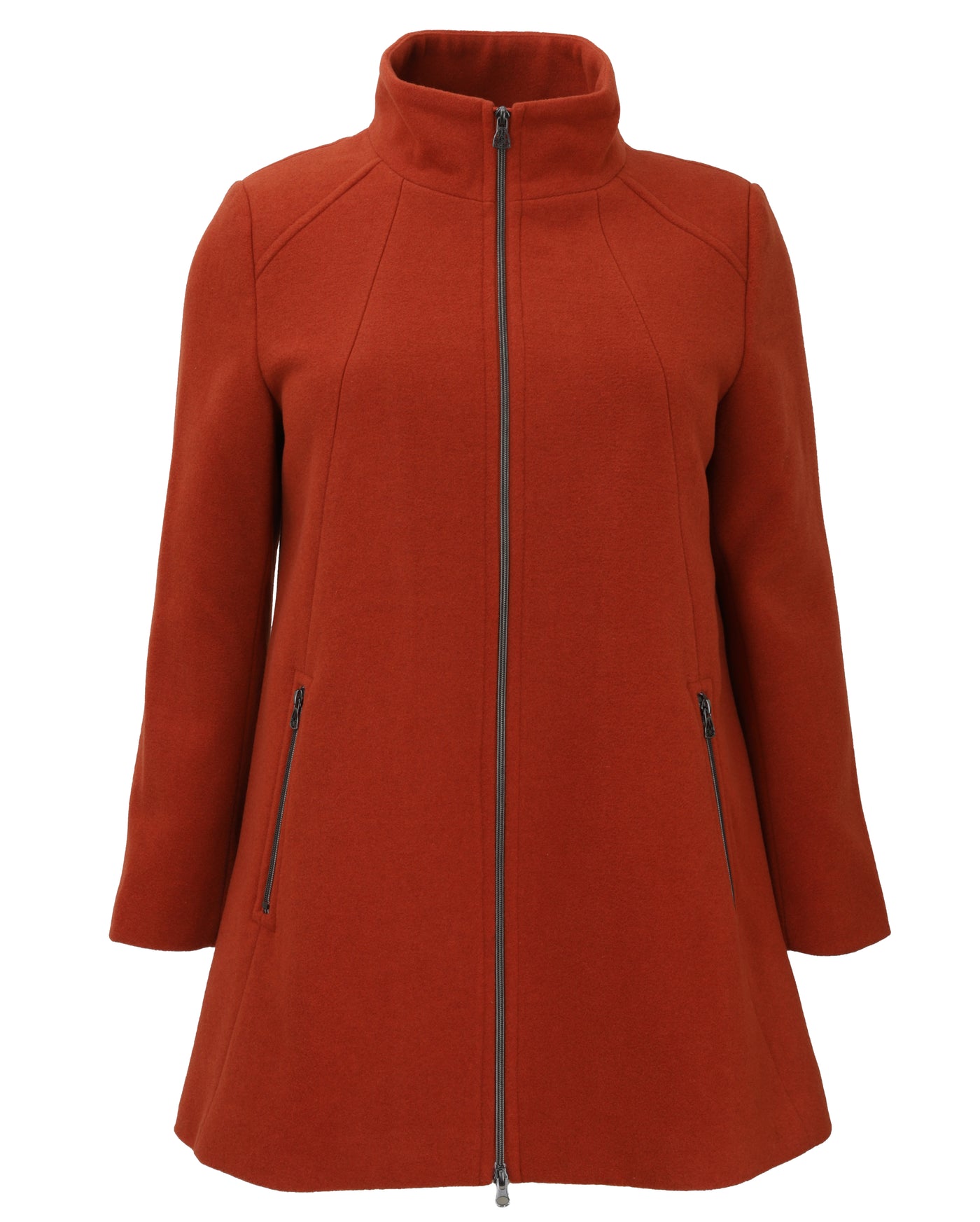 Junge Zip Front A-Line Wool Blend Topper with Stand Collar in Rust