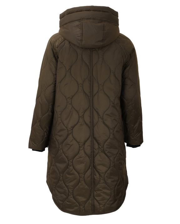 Junge Quilted Shirt Tail Hem Zip Front Coat with Attached Hood in Bronze