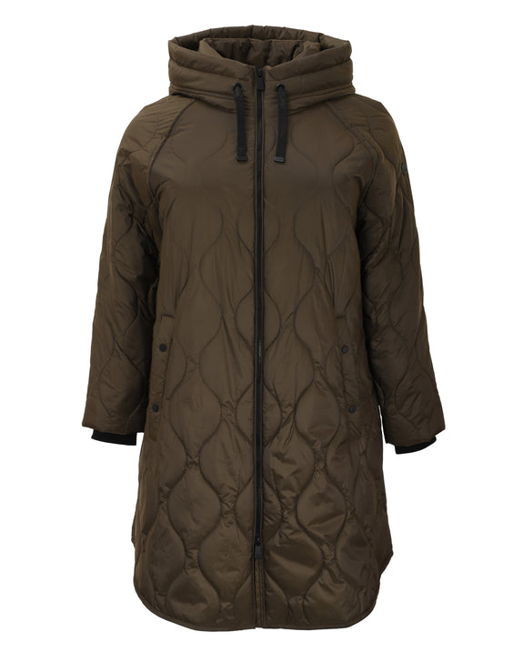 Junge Quilted Shirt Tail Hem Zip Front Coat with Attached Hood in Bronze