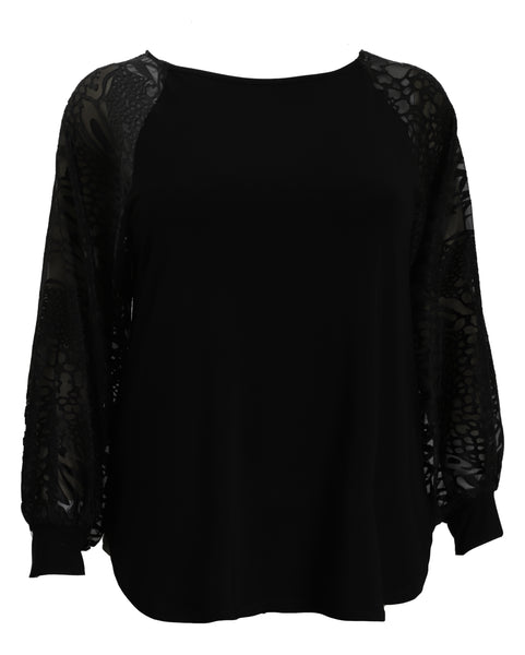 Joseph Ribkoff Jersey Top with Burnout Cuffed Sleeve in Black