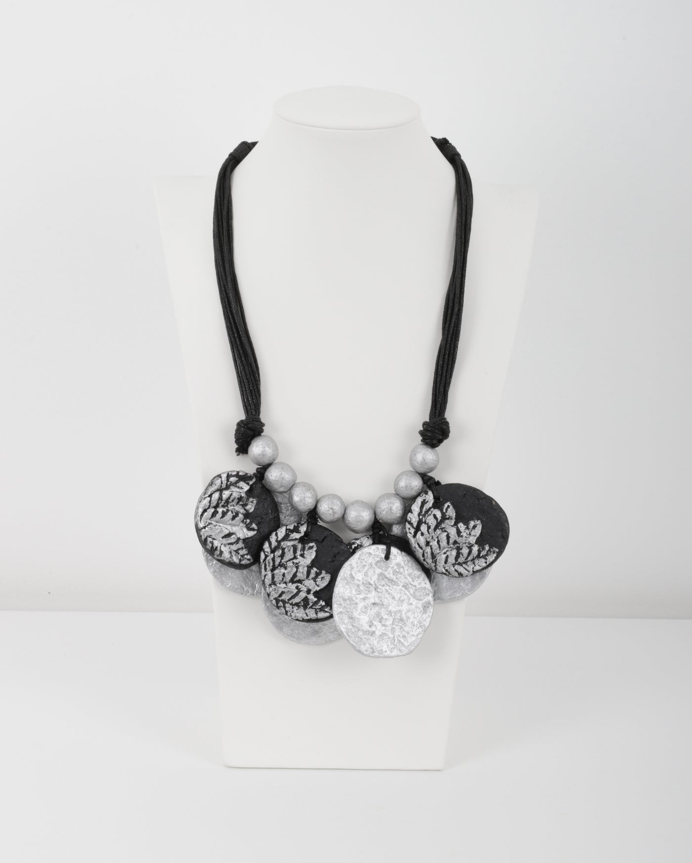Alisha D. Paper Mache Hammered Disc Necklace with Feather Print Black/Silver Combo