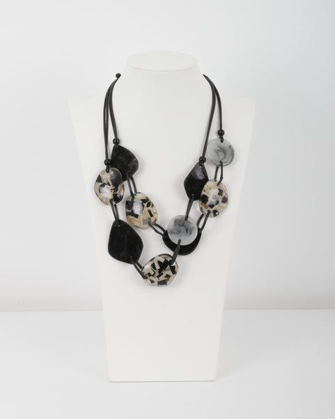 Alisha D. Multi Strand Lucite Short Necklace with Leather Loop in Blk/Wht/Gold
