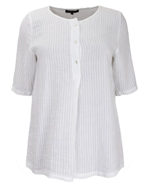 Toni T. Linen Tonal Stripe Button Front Shirt with Back Pleat in White