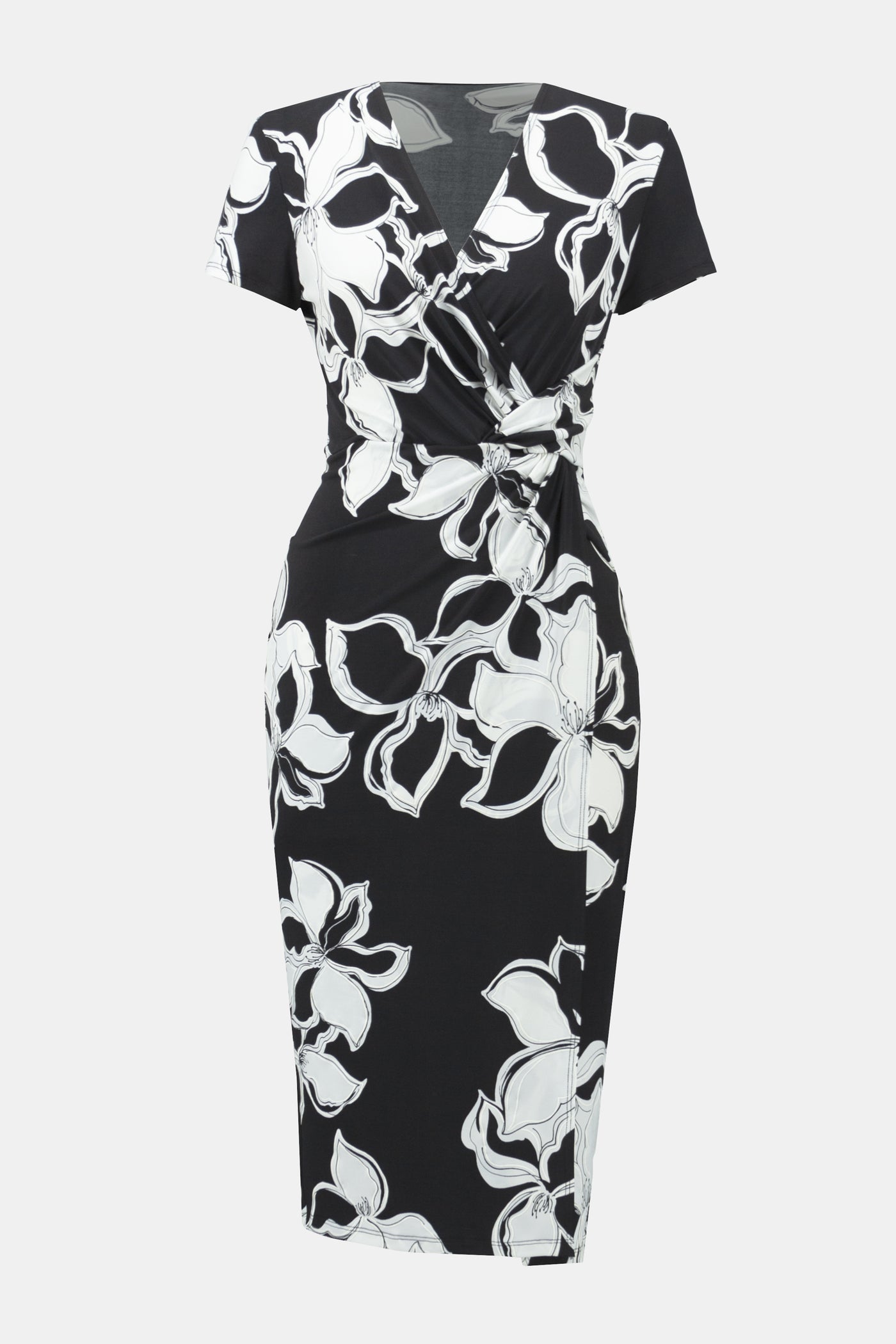 Joseph Ribkoff Floral Silky Knit Jersey Wrap Dress in Black/Vanilla