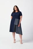 Joseph Ribkoff Jersey A-Line Dress With Striped Taffeta Insert in MIdnight/Wht