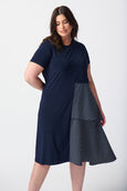 Joseph Ribkoff Jersey A-Line Dress With Striped Taffeta Insert in MIdnight/Wht