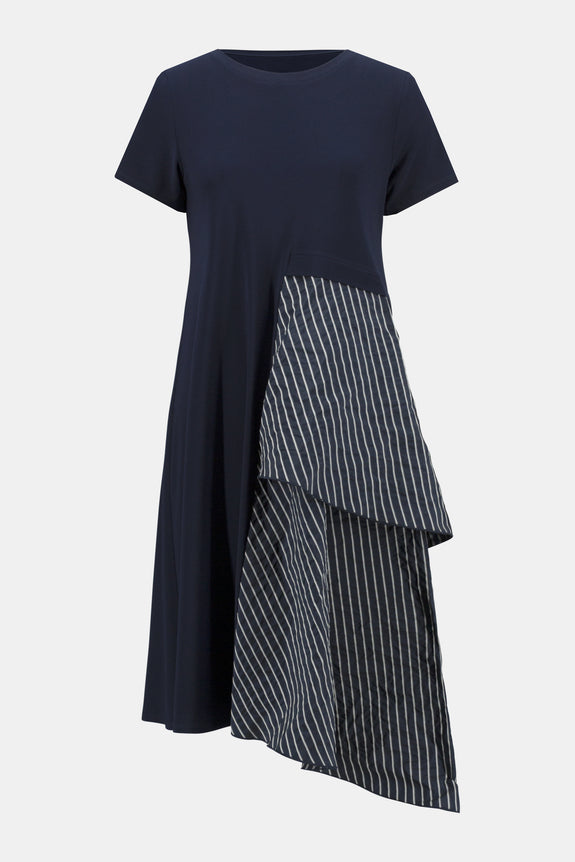 Joseph Ribkoff Jersey A-Line Dress With Striped Taffeta Insert in MIdnight/Wht