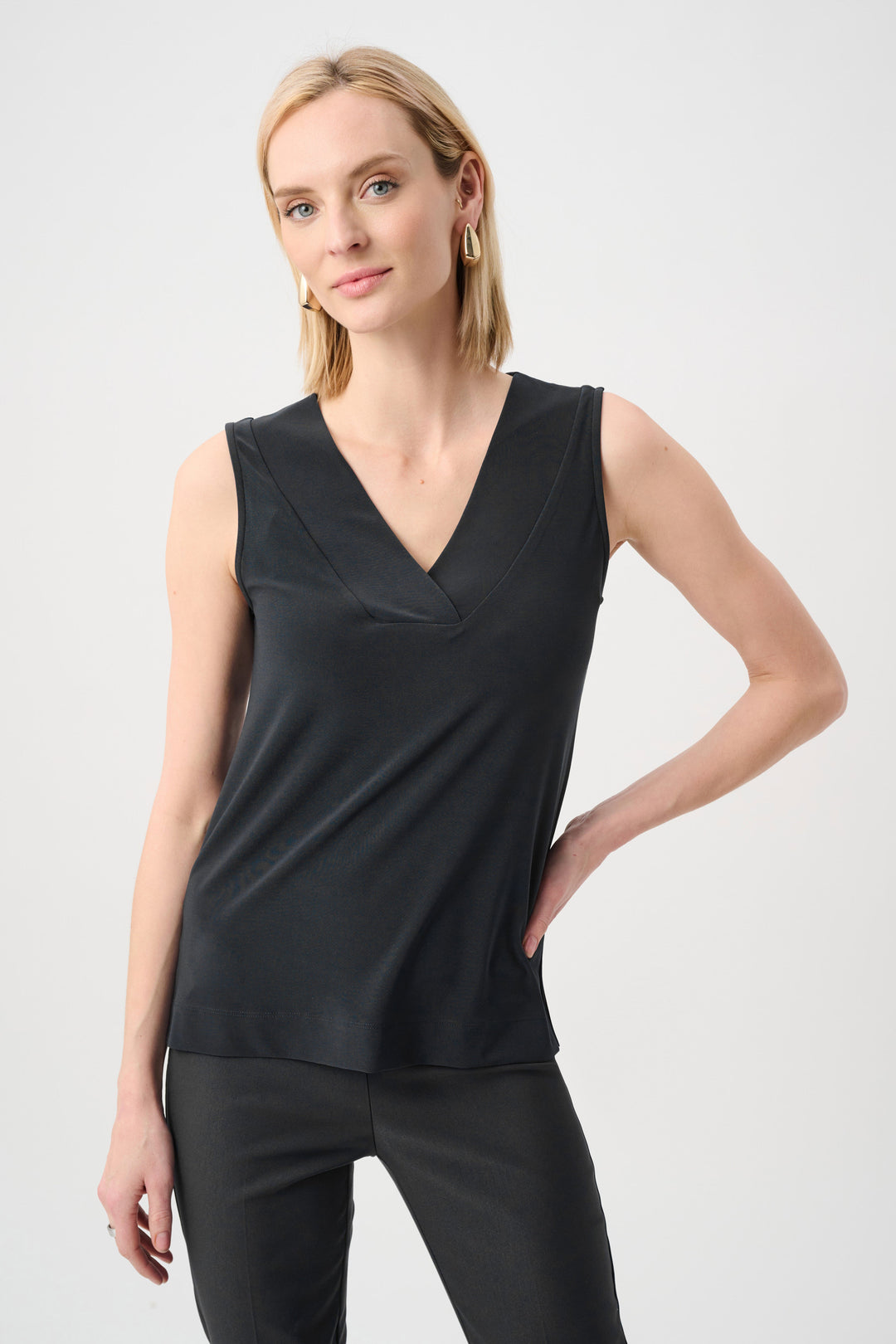 Joseph Ribkoff black sleeveless knit V-neck top with tailored straight hem