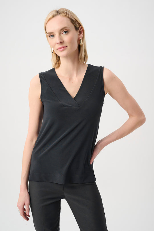 Joseph Ribkoff black sleeveless knit V-neck top with tailored straight hem