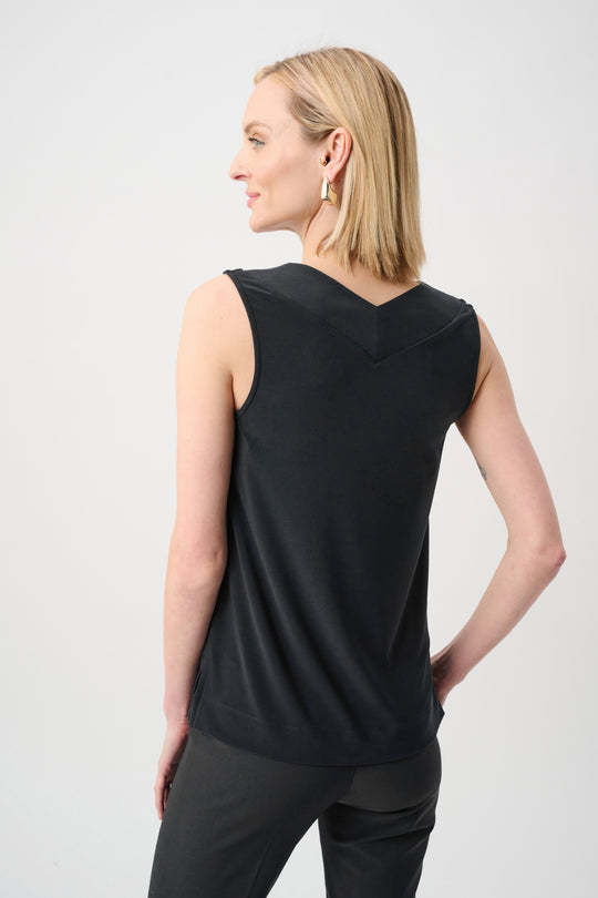 Joseph Ribkoff black sleeveless knit top with V-back and curved hem