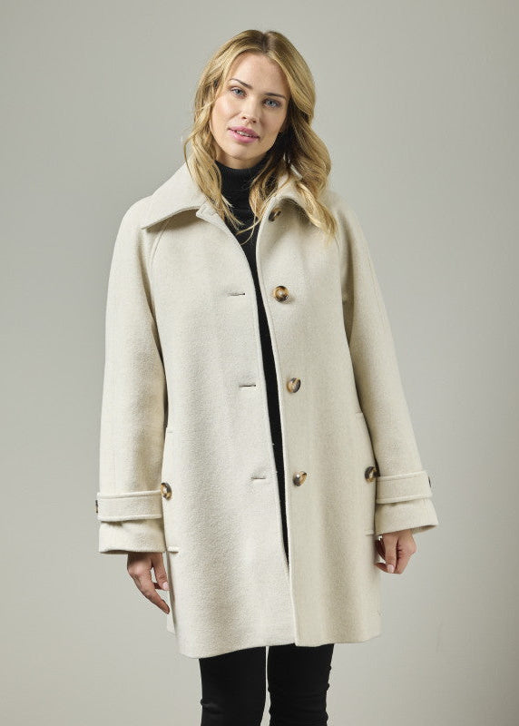 Women’s oatmeal A-line wool-blend coat with raglan sleeves and epaulette detail