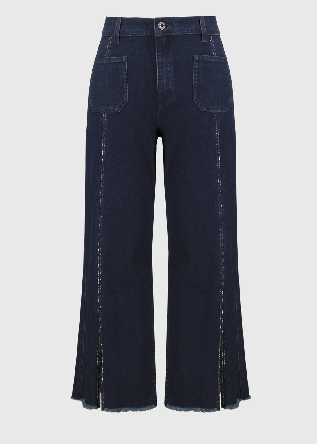 front view of plus size Joseph Ribkoff Culotte Jean with Embellishment in Dk. Denim