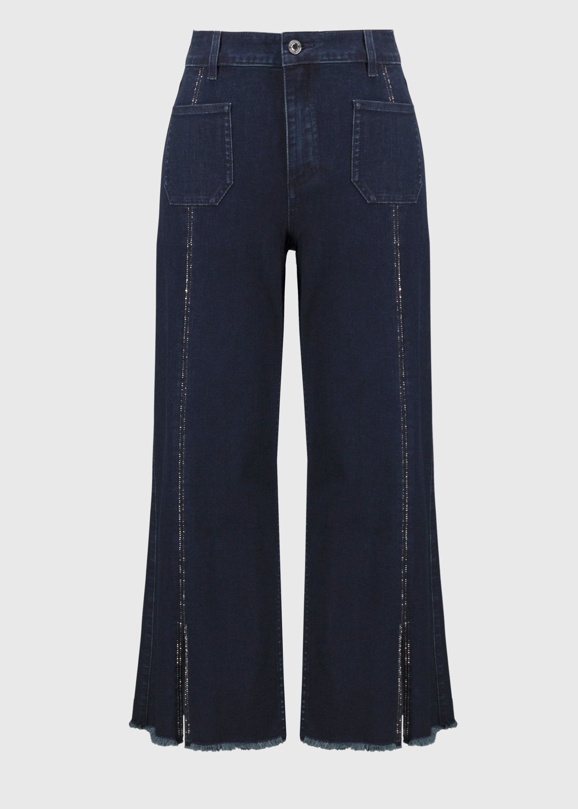 front view of plus size Joseph Ribkoff Culotte Jean with Embellishment in Dk. Denim