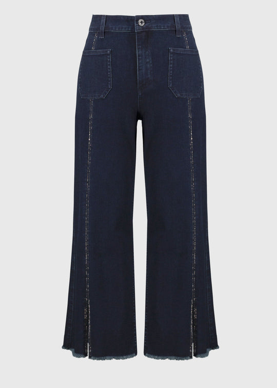 front view of plus size Joseph Ribkoff Culotte Jean with Embellishment in Dk. Denim