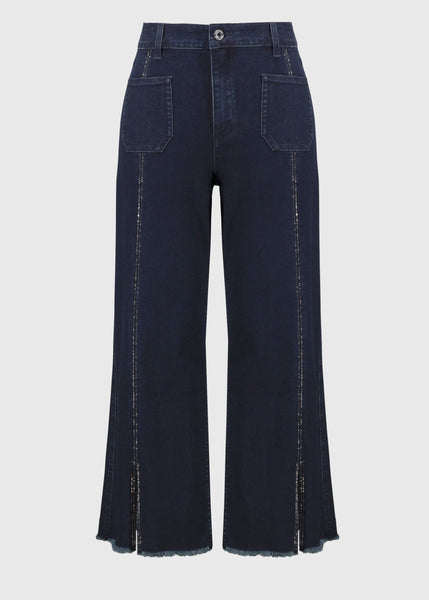 front view of plus size Joseph Ribkoff Culotte Jean with Embellishment in Dk. Denim