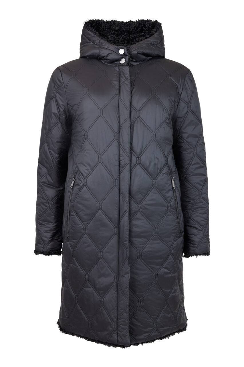 Frandsen Boucle Faux Lamb Reversible Coat with Hood in Black