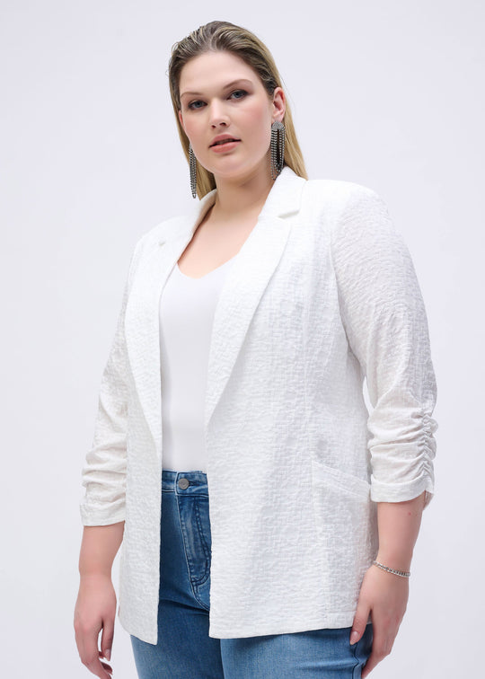 front view of plus size Joseph Ribkoff Woven Jacquard Boxy Blazer in White
