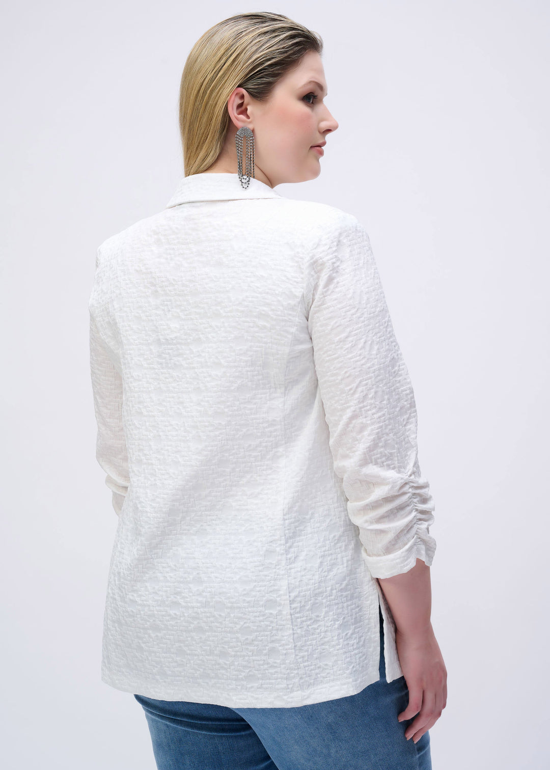 back view of plus size Joseph Ribkoff Woven Jacquard Boxy Blazer in White