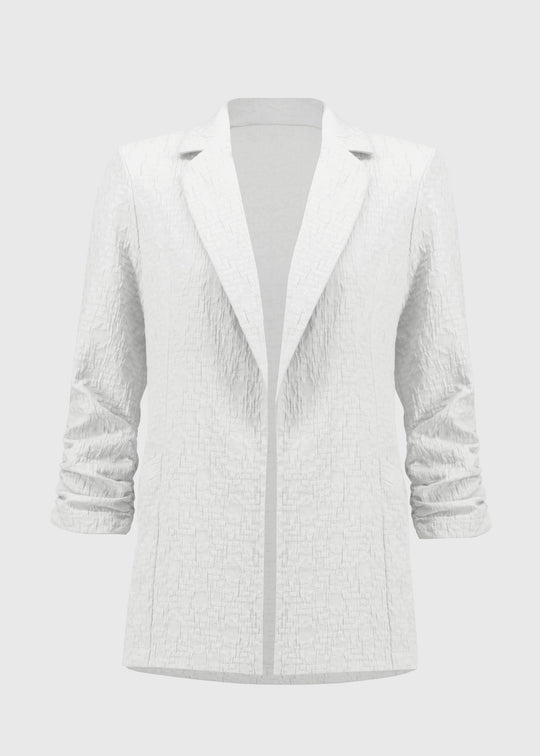 front view of plus size Joseph Ribkoff Woven Jacquard Boxy Blazer in White