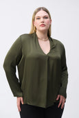 Joseph Ribkoff Satin Straight V-neck Pleated Top in Iguana