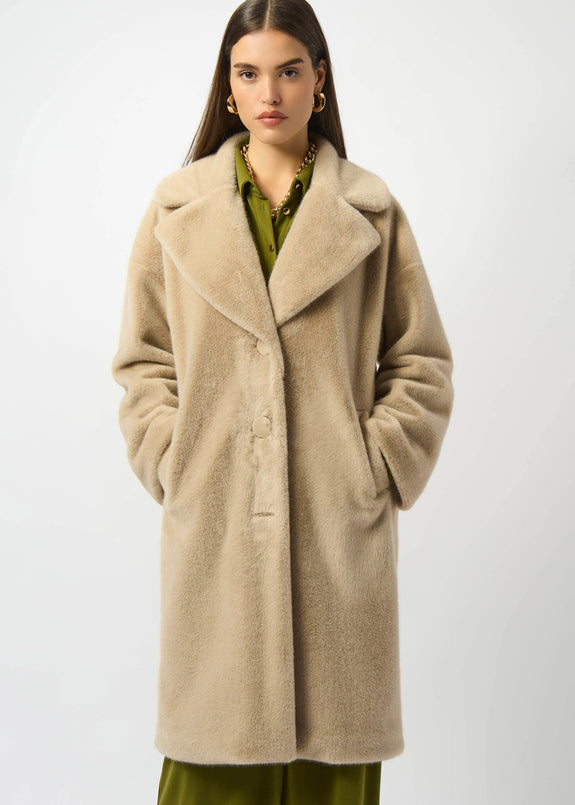 front view of plus size Joseph Ribkoff Faux Fur Notch lapel Coat in almond