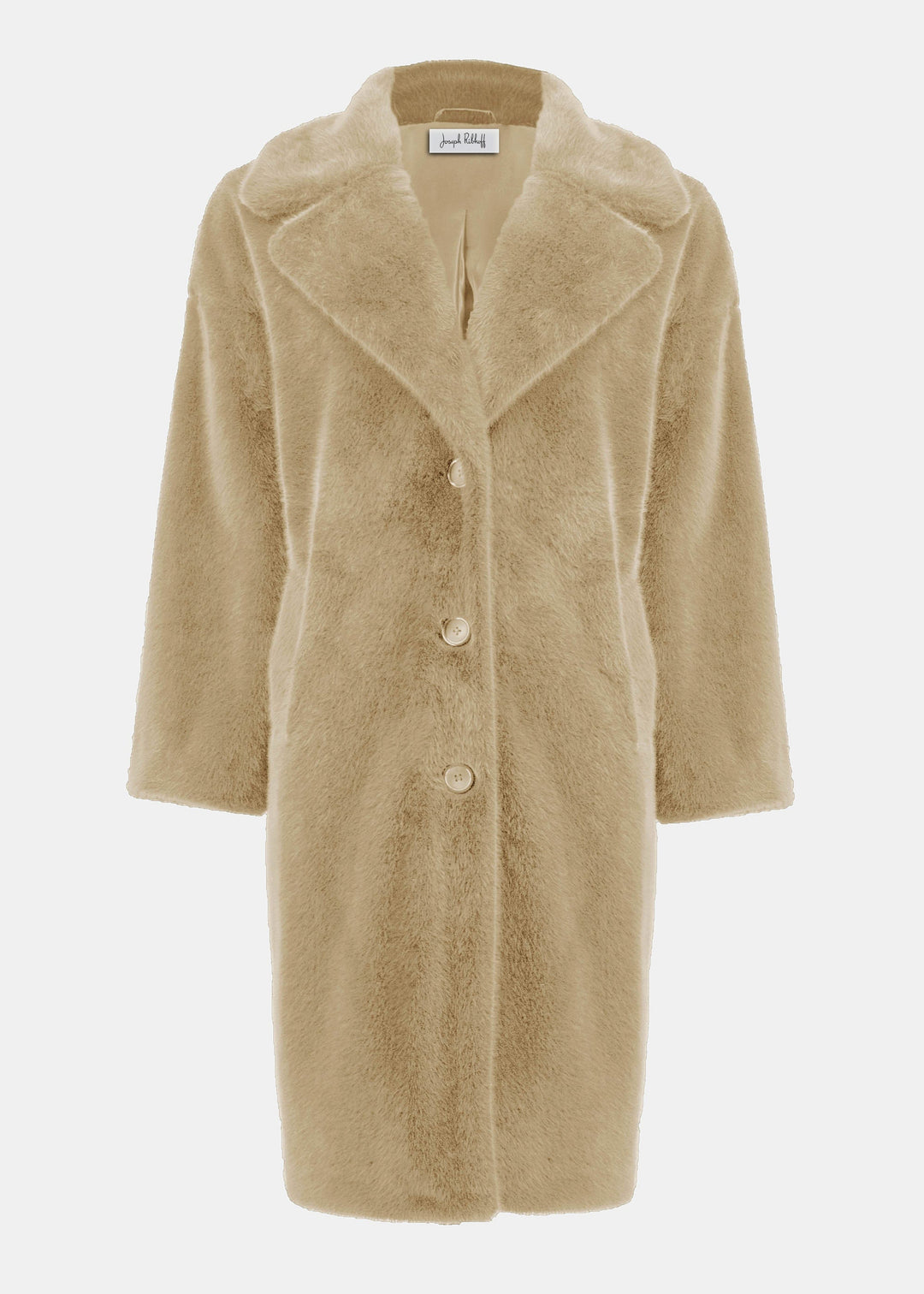 front view of plus size Joseph Ribkoff Faux Fur Notch lapel Coat in almond