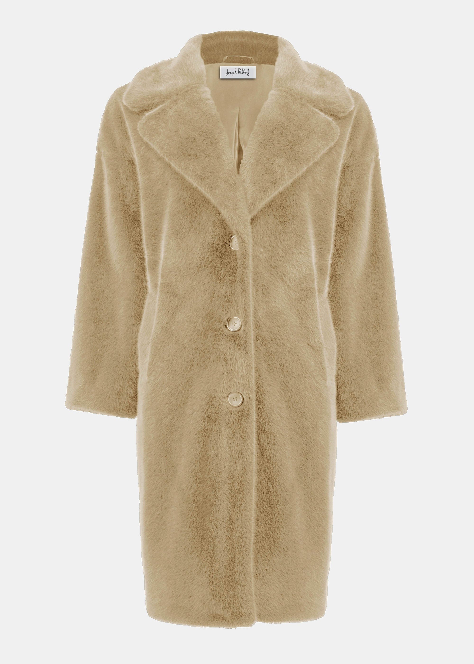 front view of plus size Joseph Ribkoff Faux Fur Notch lapel Coat in almond