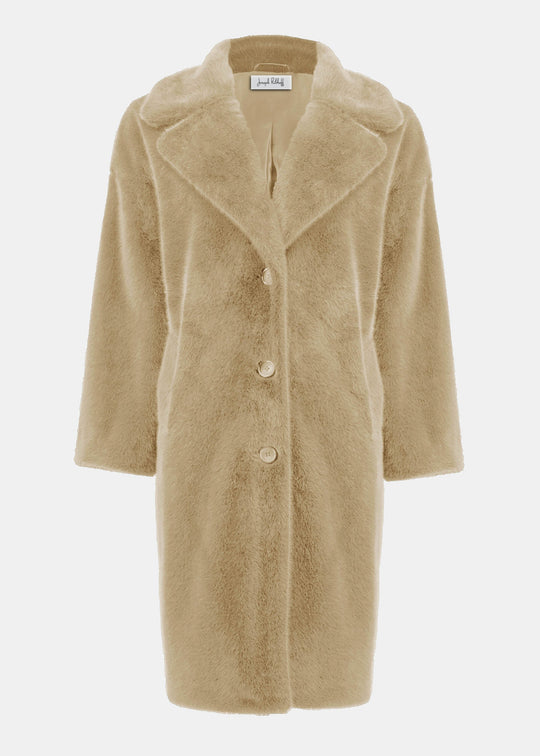front view of plus size Joseph Ribkoff Faux Fur Notch lapel Coat in almond