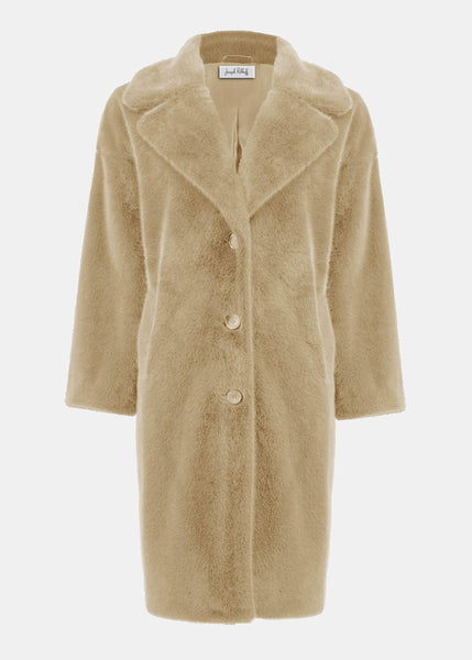 front view of plus size Joseph Ribkoff Faux Fur Notch lapel Coat in almond