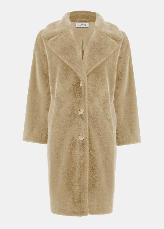front view of plus size Joseph Ribkoff Faux Fur Notch lapel Coat in almond