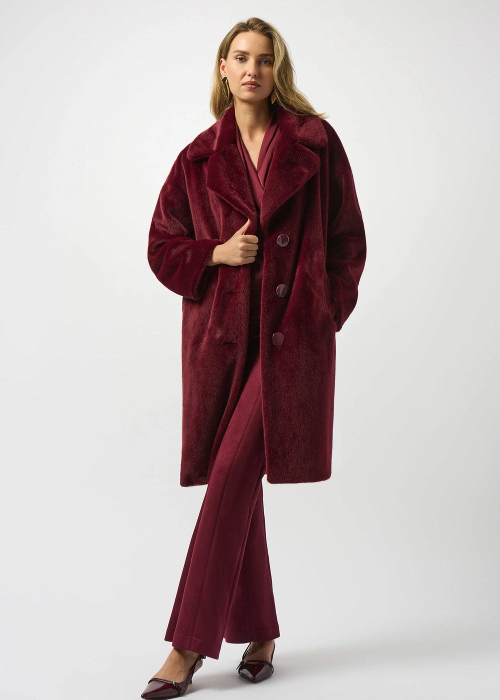 front view of plus size Joseph Ribkoff Faux Fur Notch lapel Coat in Merlot