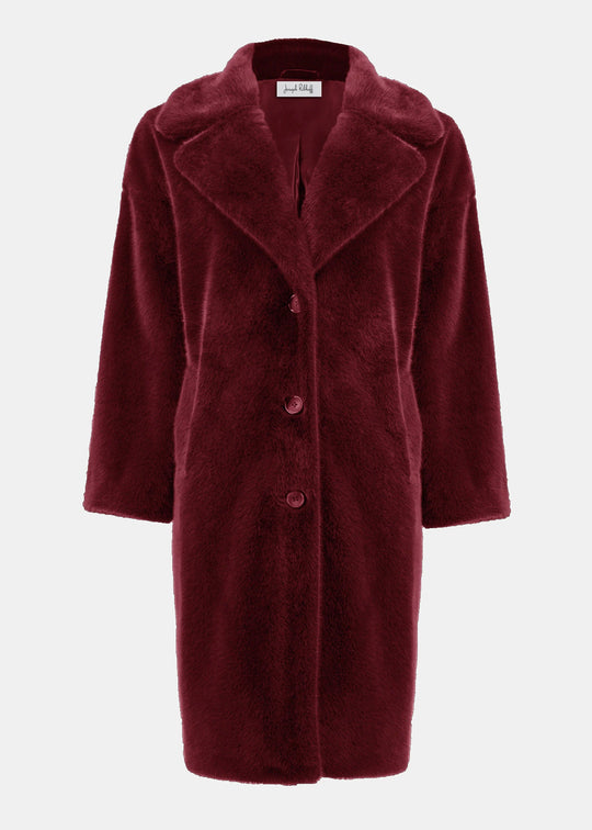 front view of plus size Joseph Ribkoff Faux Fur Notch lapel Coat in Merlot