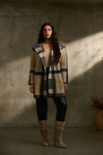 Joseph Ribkoff Plaid Jacquard Hooded Open Cardigan in Blk/Oat/Grey