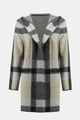 Joseph Ribkoff Plaid Jacquard Hooded Open Cardigan in Blk/Oat/Grey