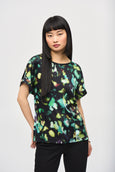 Joseph Ribkoff Satin Teal Print Top with Jersey Back in Black Multi