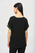 Joseph Ribkoff Satin Teal Print Top with Jersey Back in Black Multi