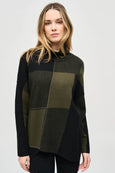 Joseph Ribkoff Colour-block Knit Jacquard Asymmetrical Pullover in Iguana/Blk