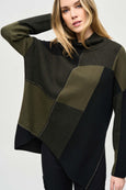 Joseph Ribkoff Colour-block Knit Jacquard Asymmetrical Pullover in Iguana/Blk