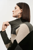 Joseph Ribkoff Colour-block Knit Jacquard Asymmetrical Pullover in Taupe/Blk