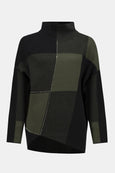 Joseph Ribkoff Colour-block Knit Jacquard Asymmetrical Pullover in Iguana/Blk