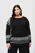 Joseph Ribkoff Jacquard Sweater with Border Stripes in Black/Vanilla