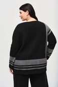 Joseph Ribkoff Jacquard Sweater with Border Stripes in Black/Vanilla