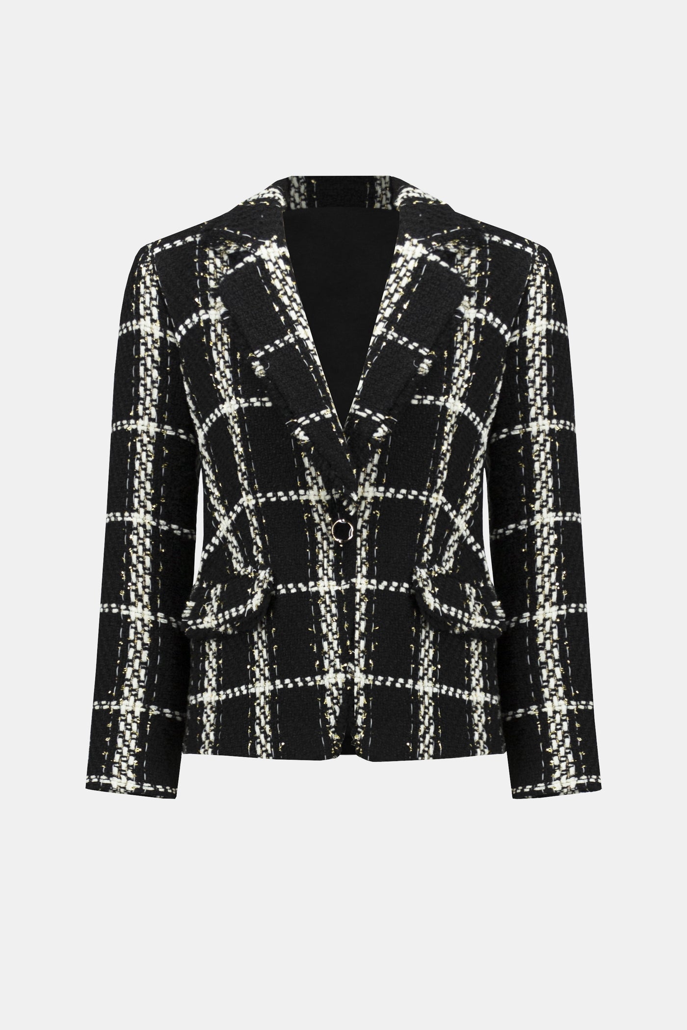 Joseph Ribkoff Plaid Boucle Blazer with Gold Lurex in Blk/Vanilla