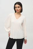 Joseph Ribkoff Pleated V-neck Long Sleeve Blouse in Off-White