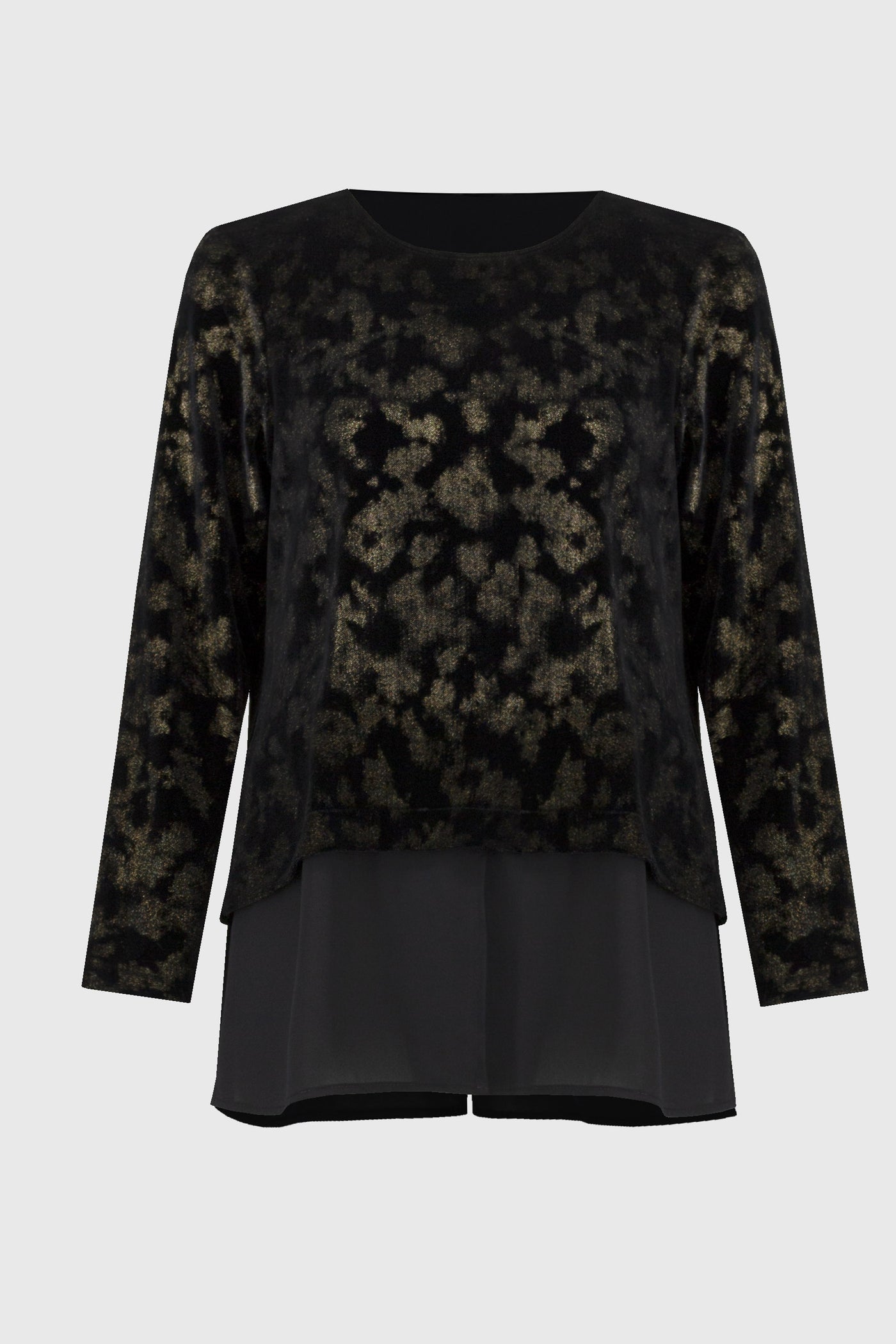 Joseph Ribkoff Foiled Velvet And Georgette Flared Top With Layered Hem