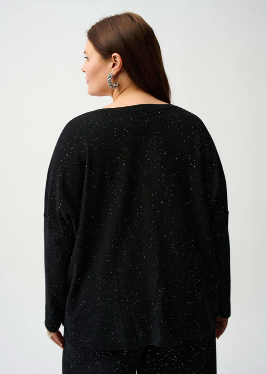 back view of plus size Joseph Ribkoff V-Neck Sequin Knit Boxy Sweater in Black